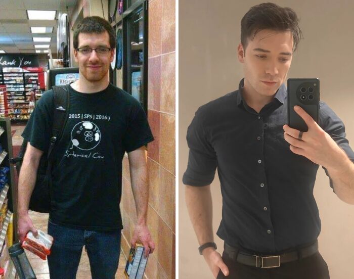 Side-by-side before and after images showing a young man’s dramatic self reinvention and style transformation.