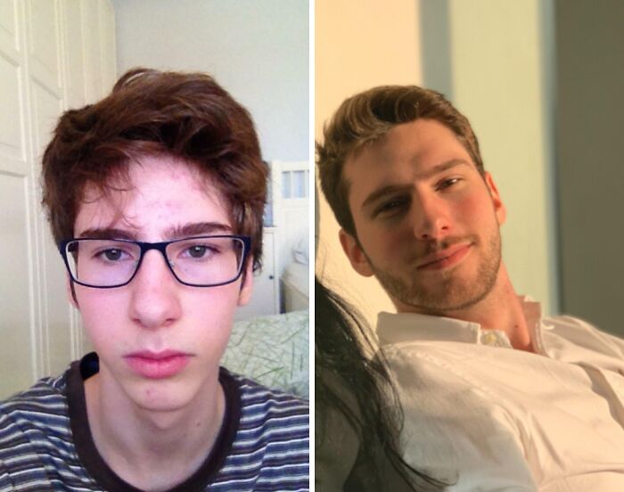 Side-by-side before and after portraits of a young man showcasing a stunning reinvention transformation.