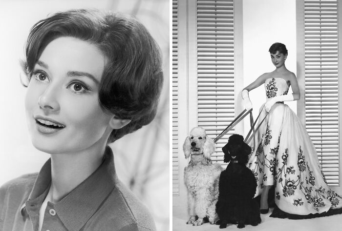 Black and white photos of a style icon known for looks that changed fashion forever, posing with two poodles.