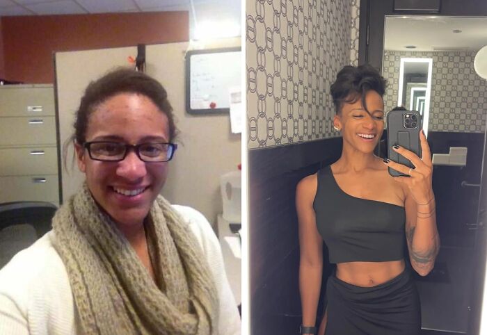 Before and after transformation showing a woman’s stunning reinvention with new style and confidence selfie.