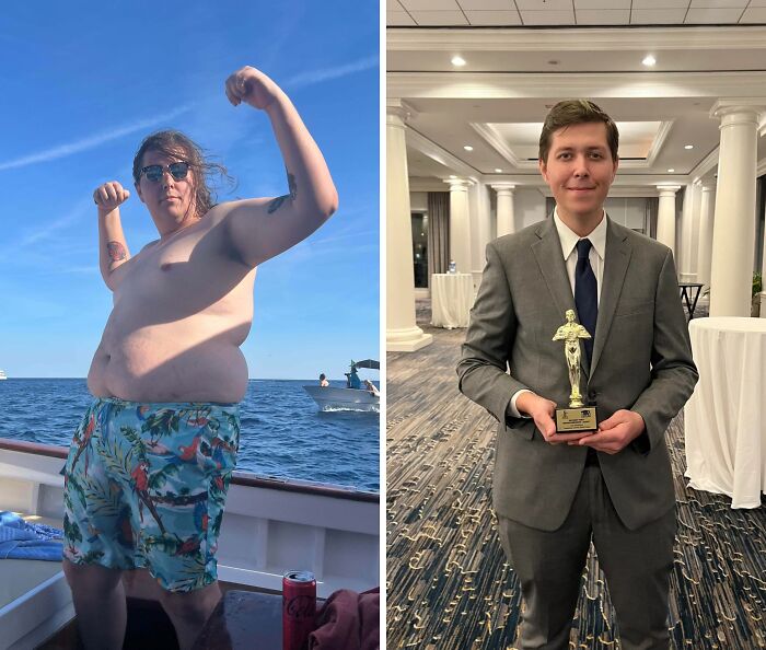 Before and after photo showing stunning body transformation and personal reinvention with increased confidence and style.