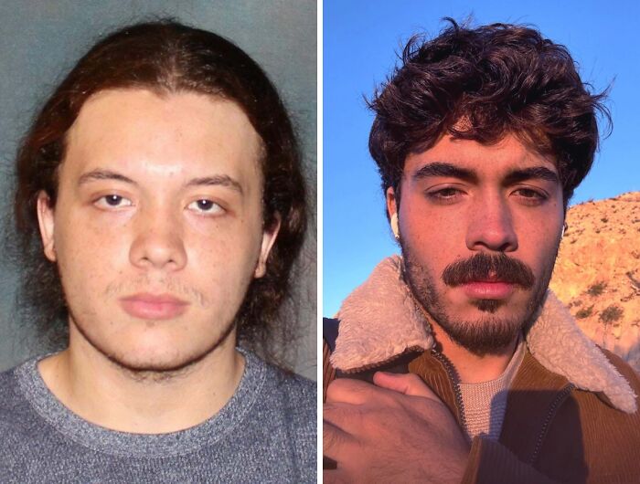 Before-and-after photos showing a man's dramatic transformation and stunning reinvention of his appearance outdoors.