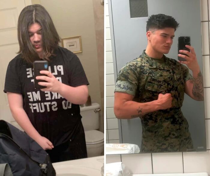 Side-by-side before and after photos showing a dramatic self-reinvention transformation with military uniform and new hairstyle.