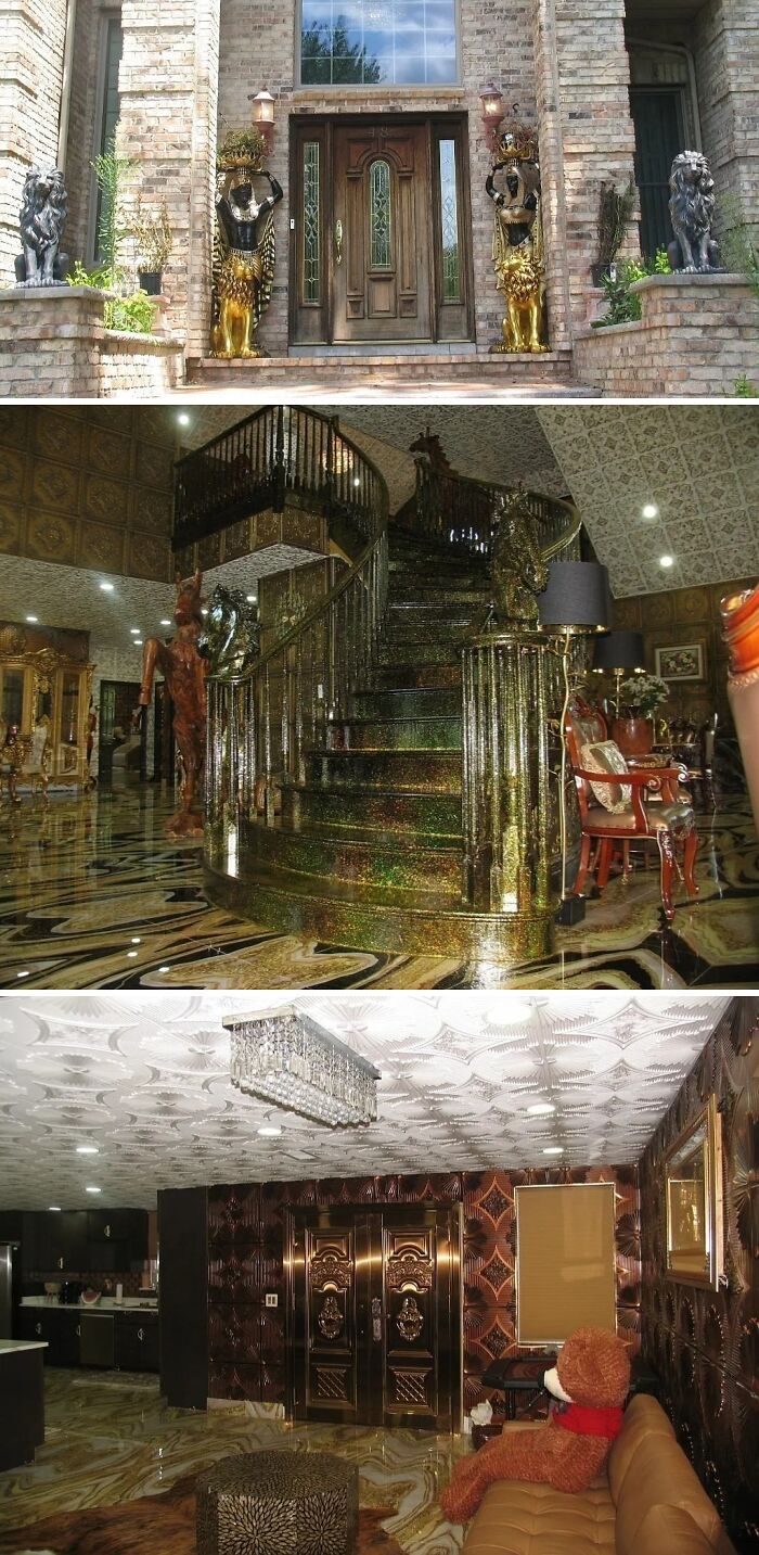 Luxurious Zillow homes with unique golden decor, extravagant interiors, and grand entrance featured in must-see listings.