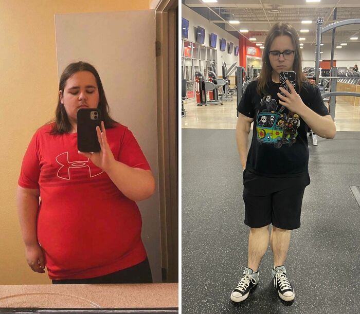 Before-and-after weight loss transformation of a person showing complete reinvention and fitness progress in a gym setting.