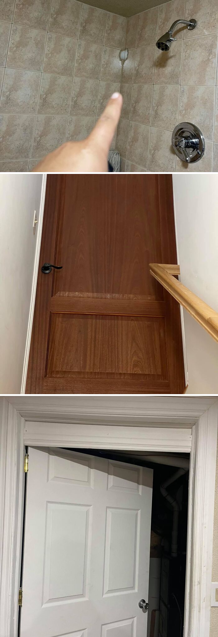 Finger pointing at unusual shower tile, closed wooden door in narrow hallway, and misaligned white door in home interior.