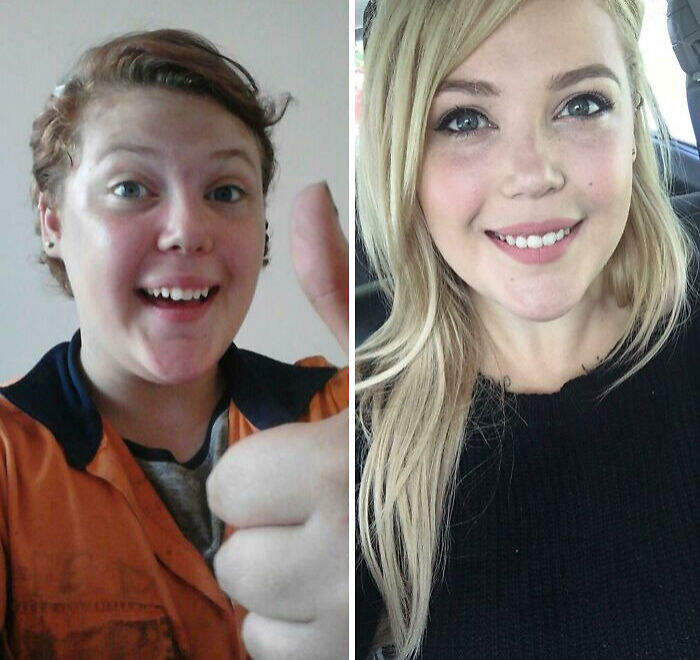 Side-by-side before-and-after images of a woman showing a stunning personal transformation and reinvention.