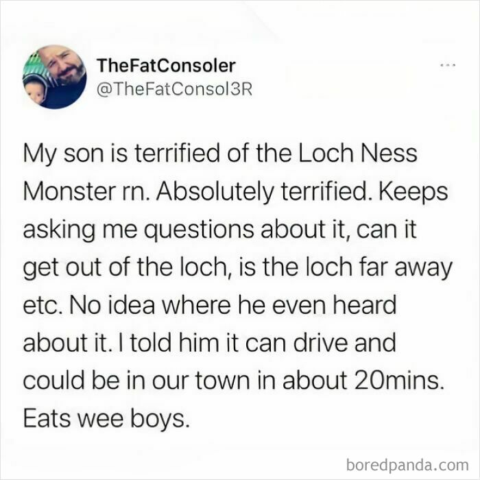 Tweet about a Scottish son terrified of the Loch Ness Monster, showcasing Scottish people on the internet comedy gold.