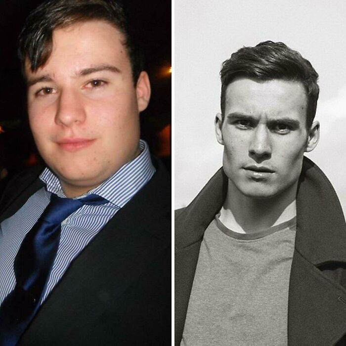 Before-and-after transformation of a man showing stunning reinvention with improved style and confidence.