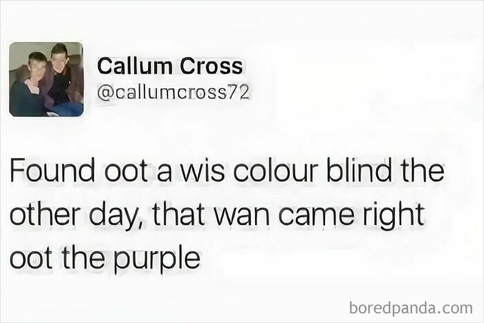 Tweet from Scottish user humorously describing discovering a color blind person who removed purple, showcasing unhinged Scottish posts online.