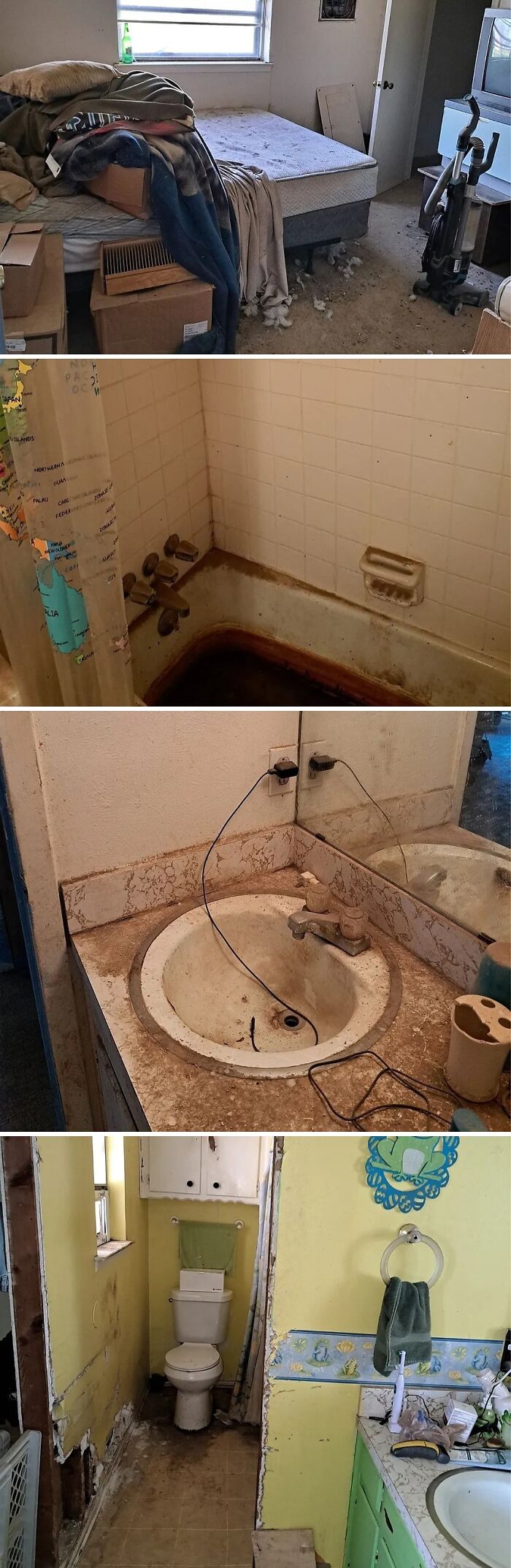 Multiple Zillow homes with heavily damaged interiors including dirty bathrooms, cluttered bedrooms, and worn fixtures that require repairs.