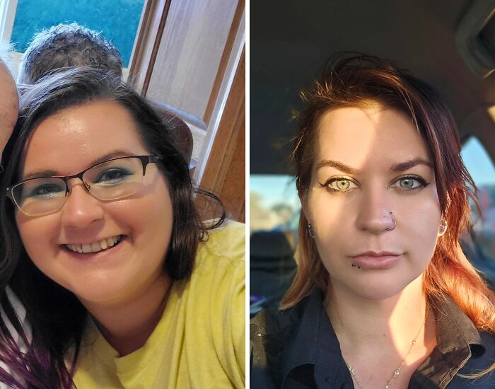 Side-by-side before-and-after photos showing a woman’s stunning transformation and complete reinvention of her look.