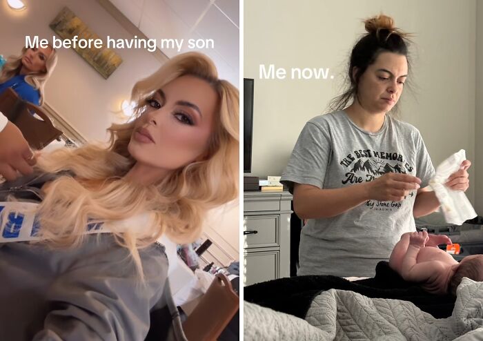 Side-by-side photos showing a mom before and after having kids, capturing honest and relatable mother moments.