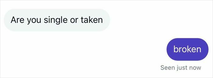 Text message exchange showing self-deprecating memes with reply broken to question about relationship status.