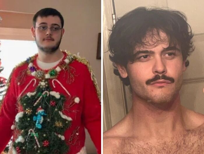 Young man showing dramatic before-and-after transformation with hairstyle and grooming in stunning reinvention photo.