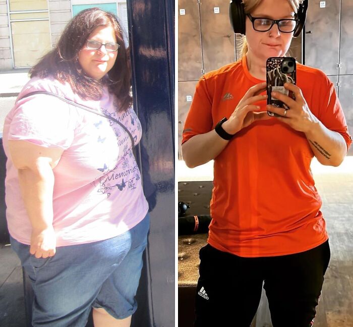 Side-by-side weight loss before and after photos showing a woman’s fitness transformation and body reinvention.