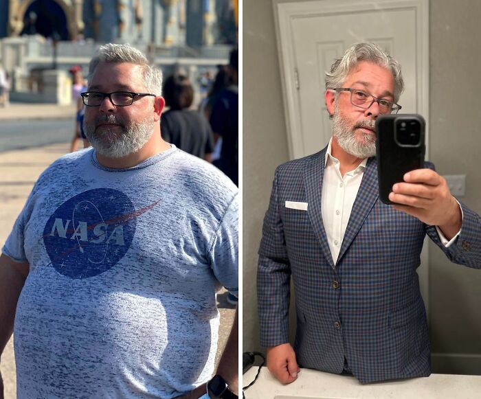Before and after transformation showing a man’s stunning reinvention with weight loss and stylish makeover.