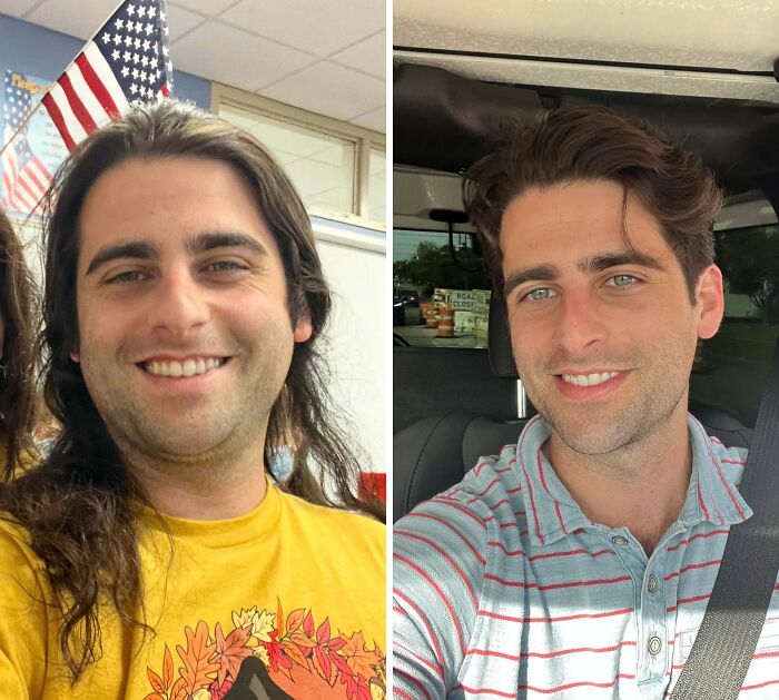 Side-by-side before-and-after photos showing a stunning transformation and complete self-reinvention of a man.