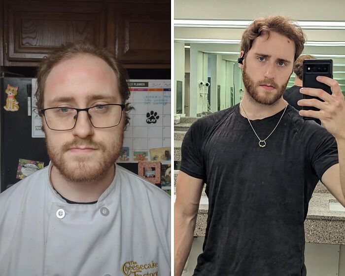 Before-and-after transformation showing a man’s fitness and style makeover, highlighting stunning personal reinvention results.