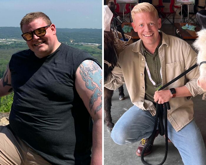 Before-and-after transformation showing a man’s stunning reinvention with weight loss and new style changes.