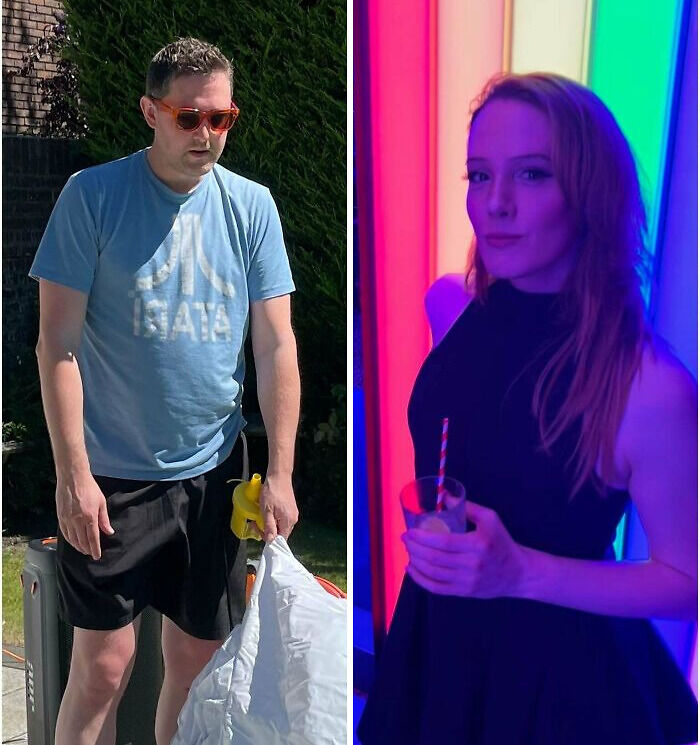 Side-by-side before-and-after transformation showing a person’s stunning reinvention with vibrant lighting effects.