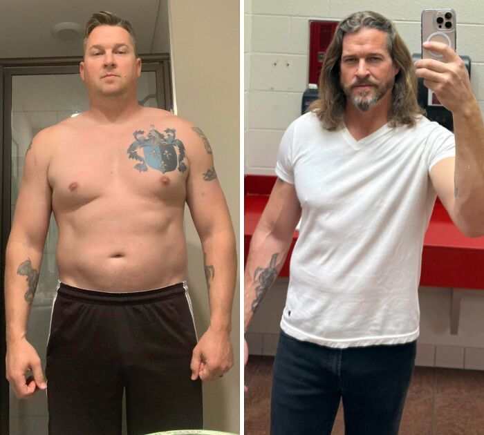 Man showing stunning before-and-after transformation with weight loss and new hairstyle in casual setting selfie.