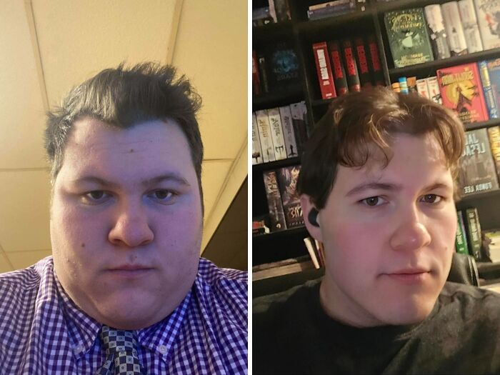 Side-by-side before and after photos showing a man’s stunning transformation and complete reinvention of himself.