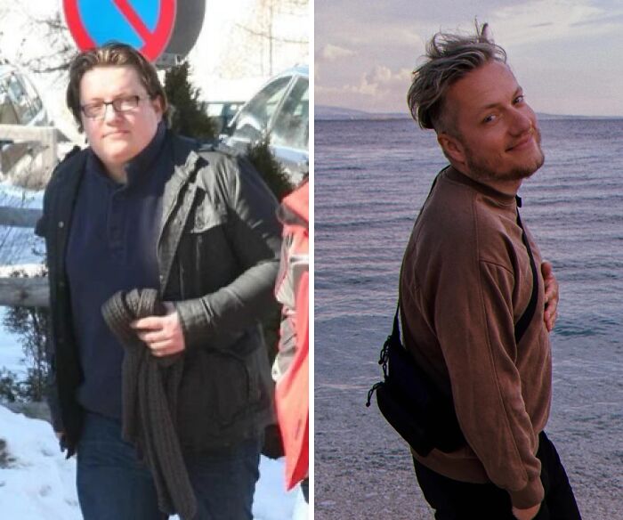 Side-by-side before and after photos showing a man’s stunning transformation and complete reinvention of himself.