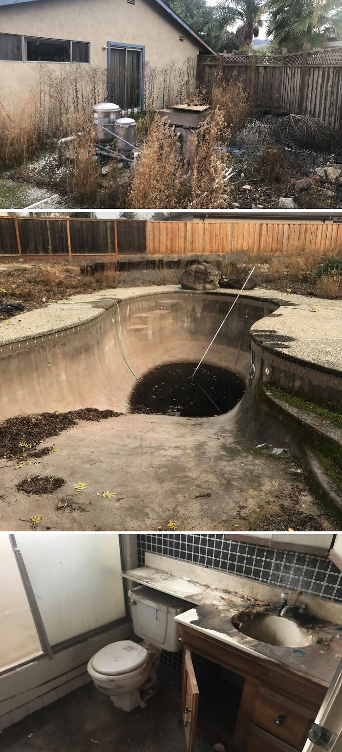 Neglected Zillow homes with overgrown yards, empty dirty pool, and a rundown bathroom showing fixer-upper potential.