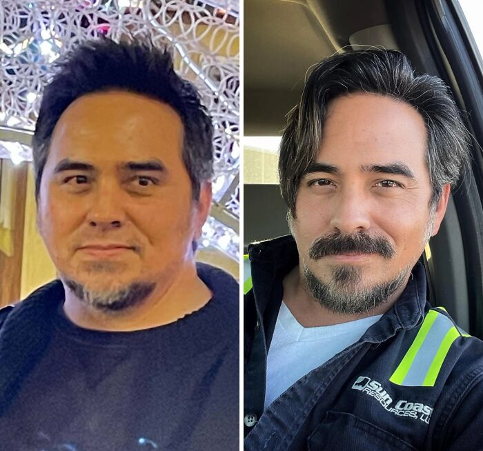 Side-by-side before-and-after photos of a man showcasing stunning reinvent themselves transformation.