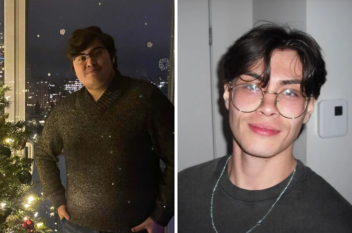 Side-by-side before and after photos of a man showcasing stunning before-and-afters of personal reinvention.