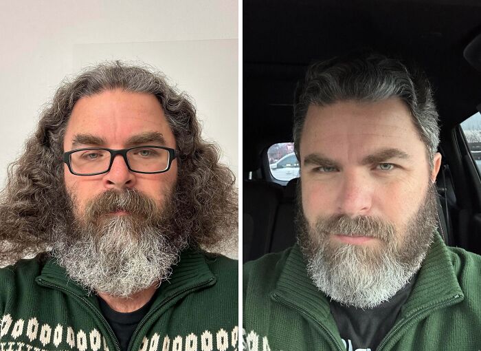 Man with glasses and long gray hair in before photo, and trimmed hair and beard after, showing stunning before-and-afters.