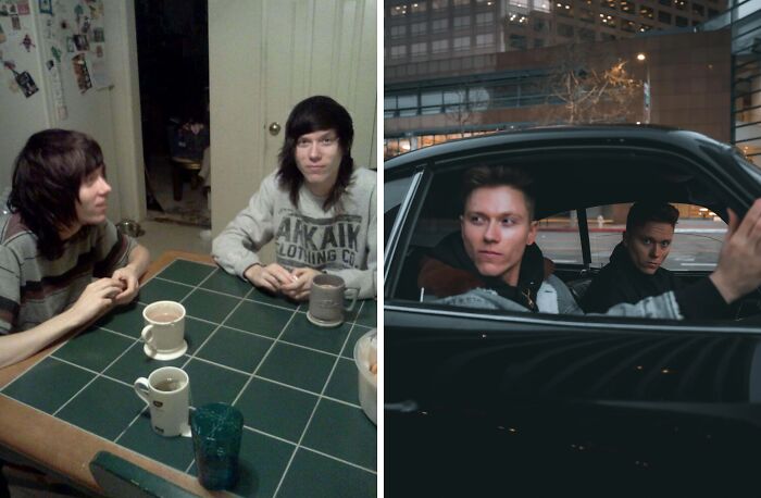 Side-by-side before-and-after photos showing a young man’s stunning transformation and personal reinvention.