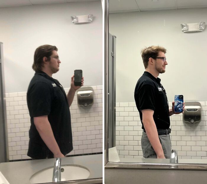 Side-by-side before and after photos showing a man’s stunning transformation and reinvention in a bathroom mirror selfie.