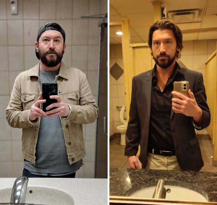 Man taking before-and-after selfies in a bathroom mirror showing a stunning personal reinvention transformation.