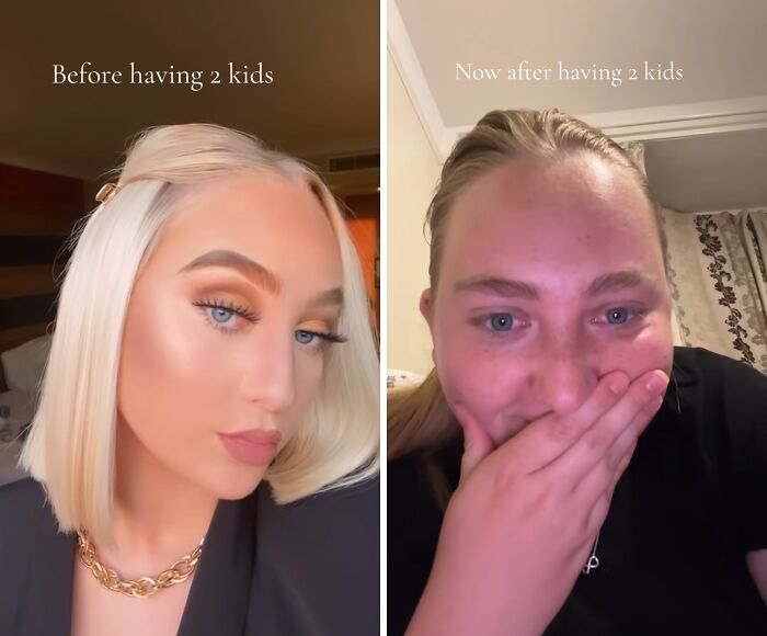 Side-by-side honest and relatable photos of a mom before and after having two kids showing real changes.