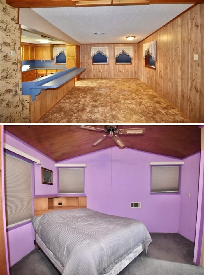 Interior views of unique Zillow homes featuring vintage wood paneling and unconventional purple bedroom walls.