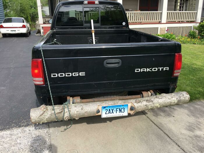 Black Dodge Dakota pickup with a large tree branch tied as a bumper, showcasing zero common sense and unsafe DIY fixes.