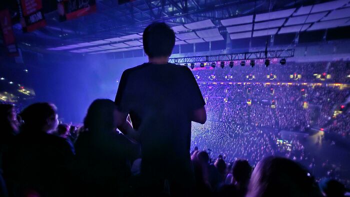 Crowd at a large indoor concert with bright stage lights and a person standing in the foreground showing lack of common sense.