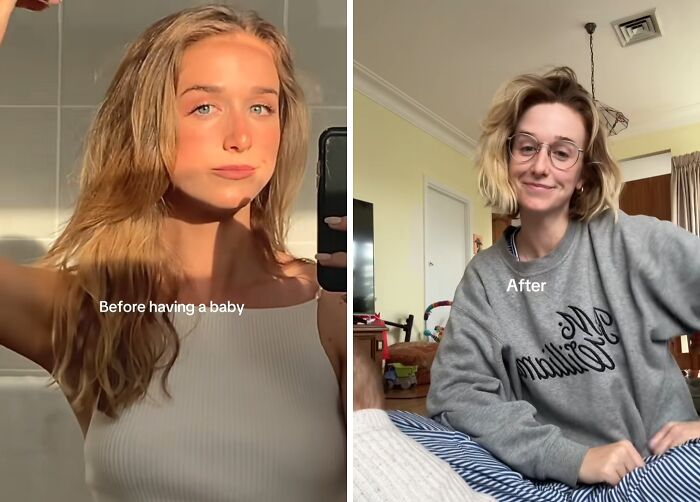 Side-by-side photos of a mom before and after having kids showing honest and relatable motherhood changes.