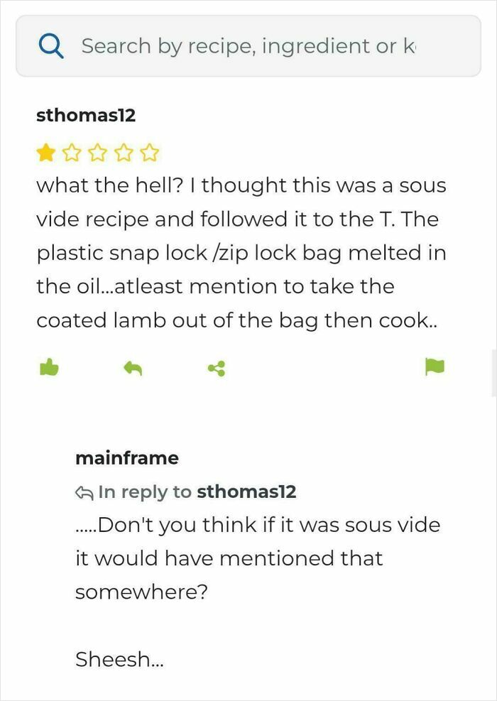 Comment thread showing people with zero common sense confusing cooking methods, sparking disbelief from others online.