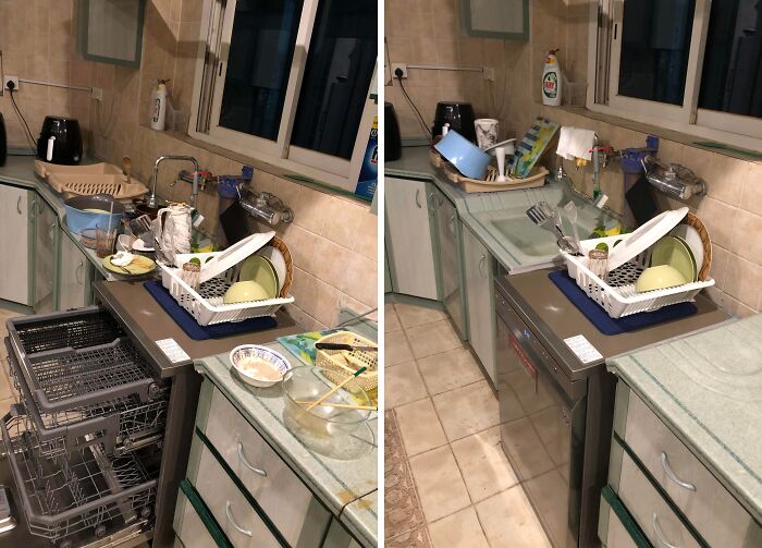 Cluttered kitchen counter and dishwasher setup showing lack of common sense in organizing and cleaning utensils and dishes.