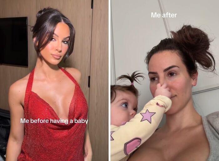 Side-by-side photos of a mom before having a baby and after with her child, showing honest and relatable moments.
