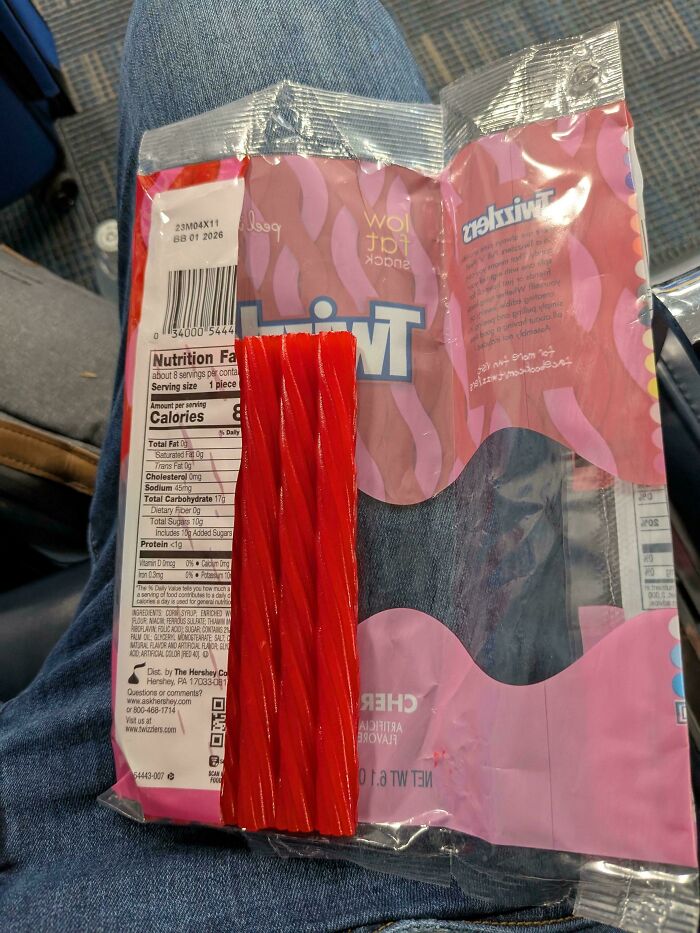 Partially empty Twizzlers packaging with a small amount of candy inside, illustrating misleading product packaging.