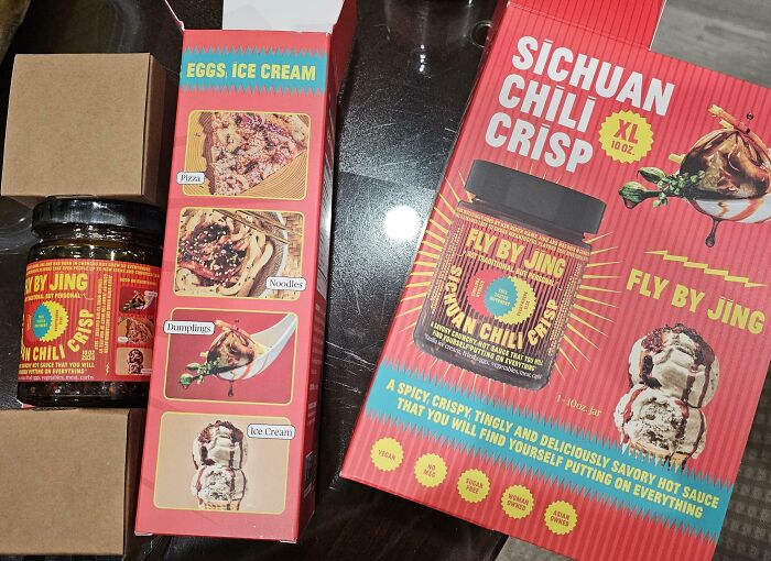 Misleading packaging shows spicy Sichuan chili crisp labeled for use on sweet dishes like ice cream and pizza.