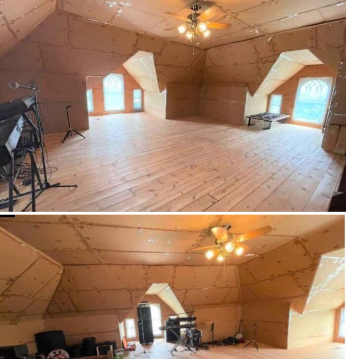 Spacious unfinished attic with wooden floors, ceiling fans, and musical equipment in unique Zillow homes to see.