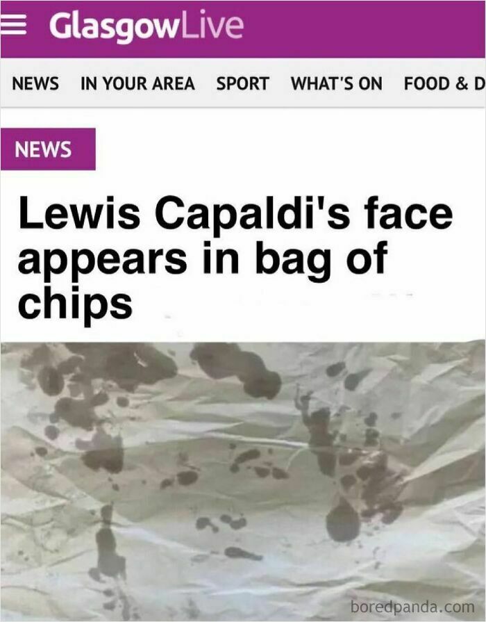 News headline about Lewis Capaldi's face appearing in a bag of chips, featured in unhinged Scottish posts online.
