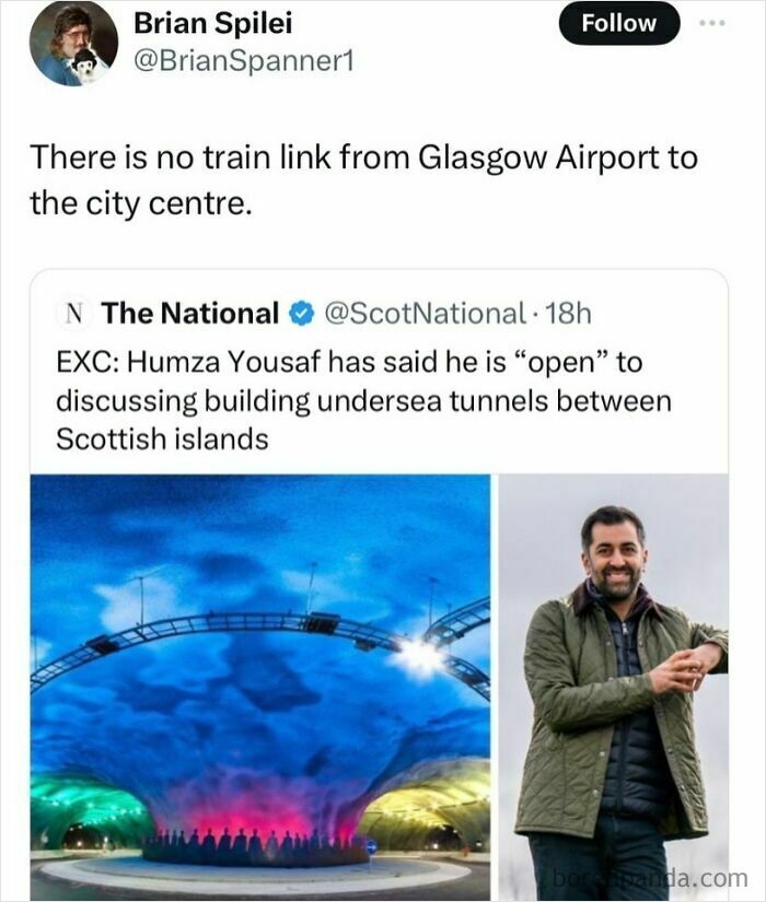 Tweet about no train link from Glasgow Airport to city centre with news on Scottish undersea tunnels discussion.