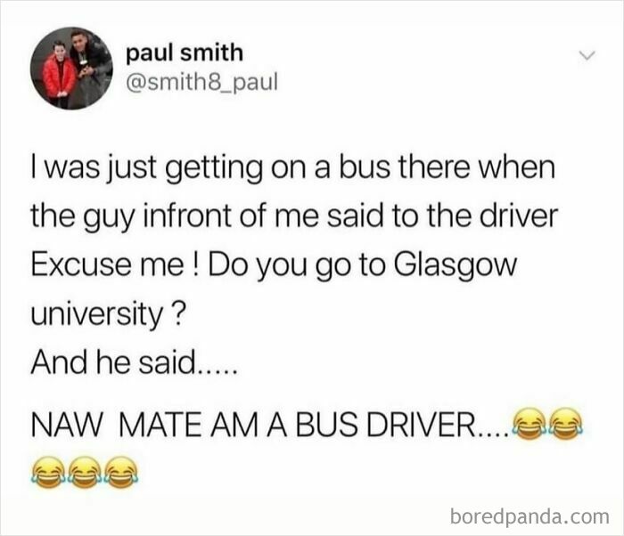 Screenshot of a funny Scottish post on social media featuring a humorous bus driver conversation.