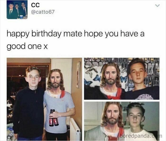 Screenshot of a humorous social media post featuring edited images with a Jesus figure and a young man, showcasing unhinged Scottish humor.